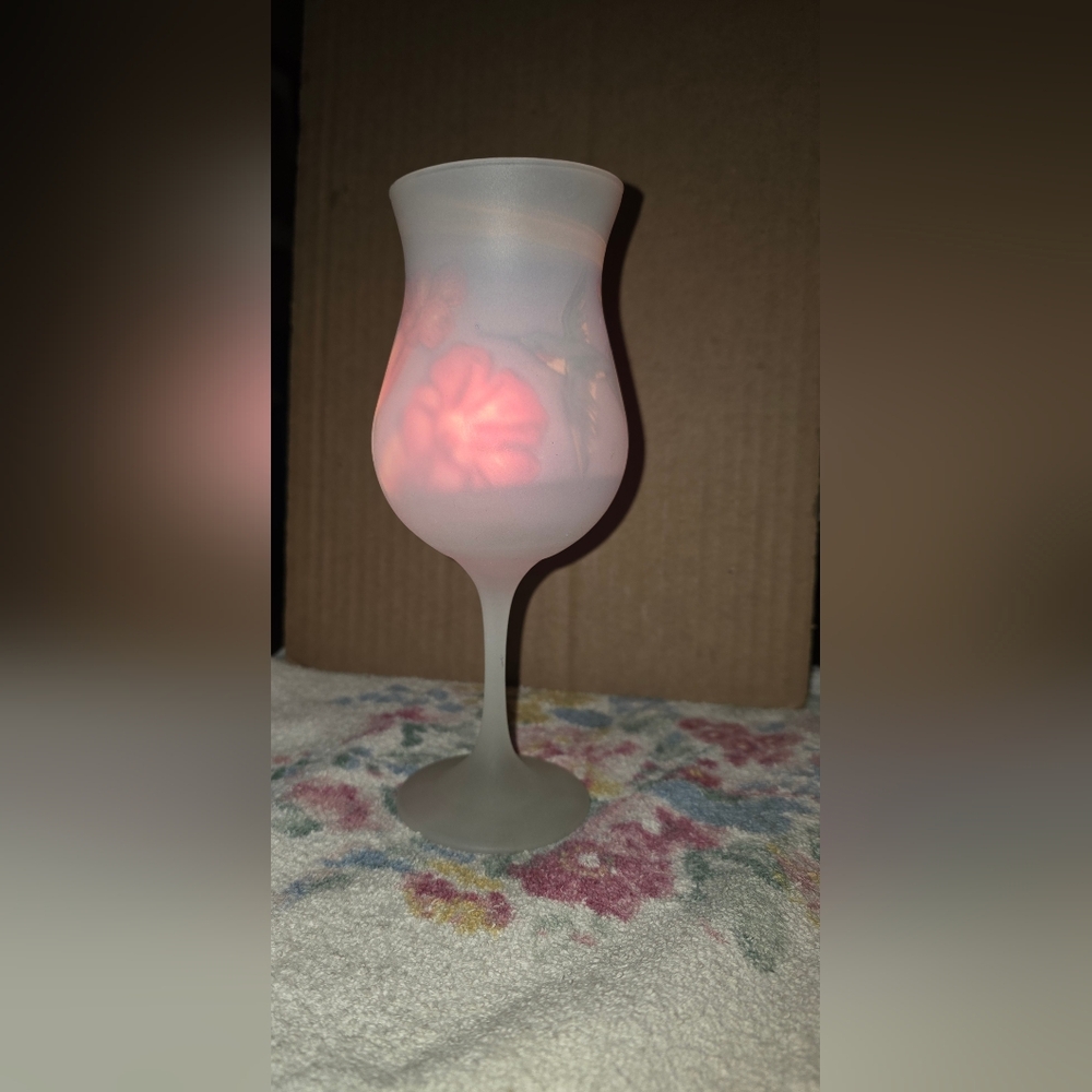 Source Unknown Frosted Glass Candle Holder with Pink Glow